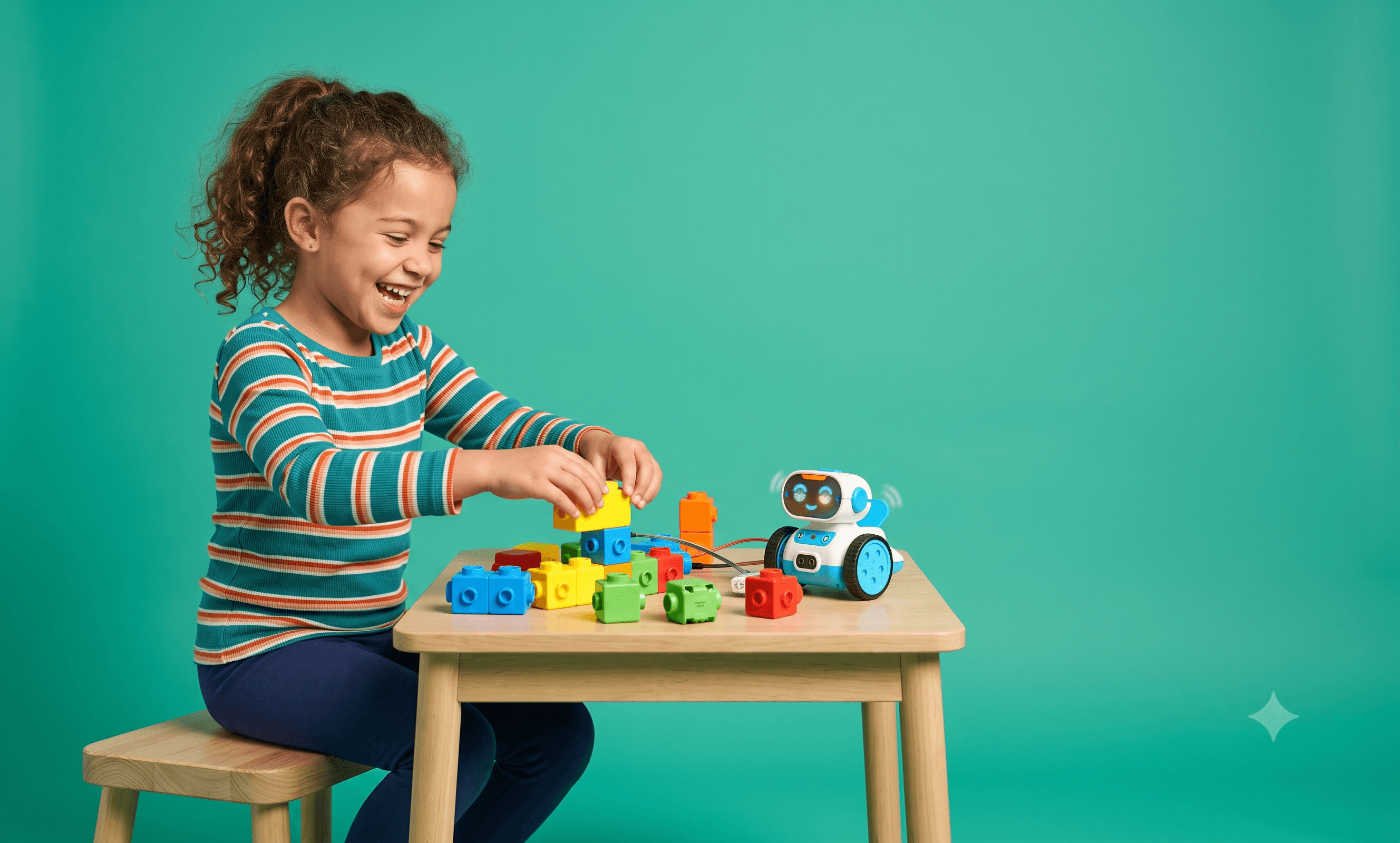 Renkli bloklar ve küçük bir robotla oynayan, gülümseyen bir öğrenci