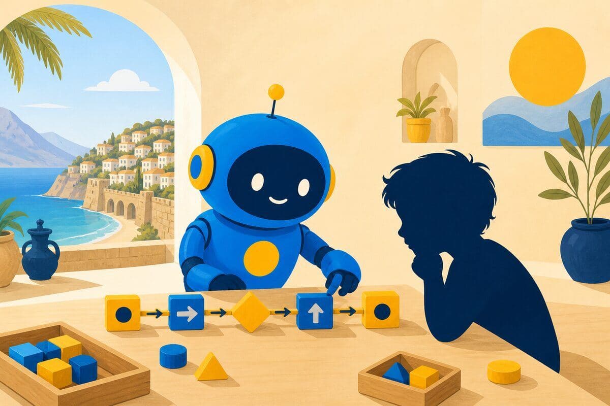 Çocukların yapay zeka öğrenme yolculuğunu anlatan illüstrasyon