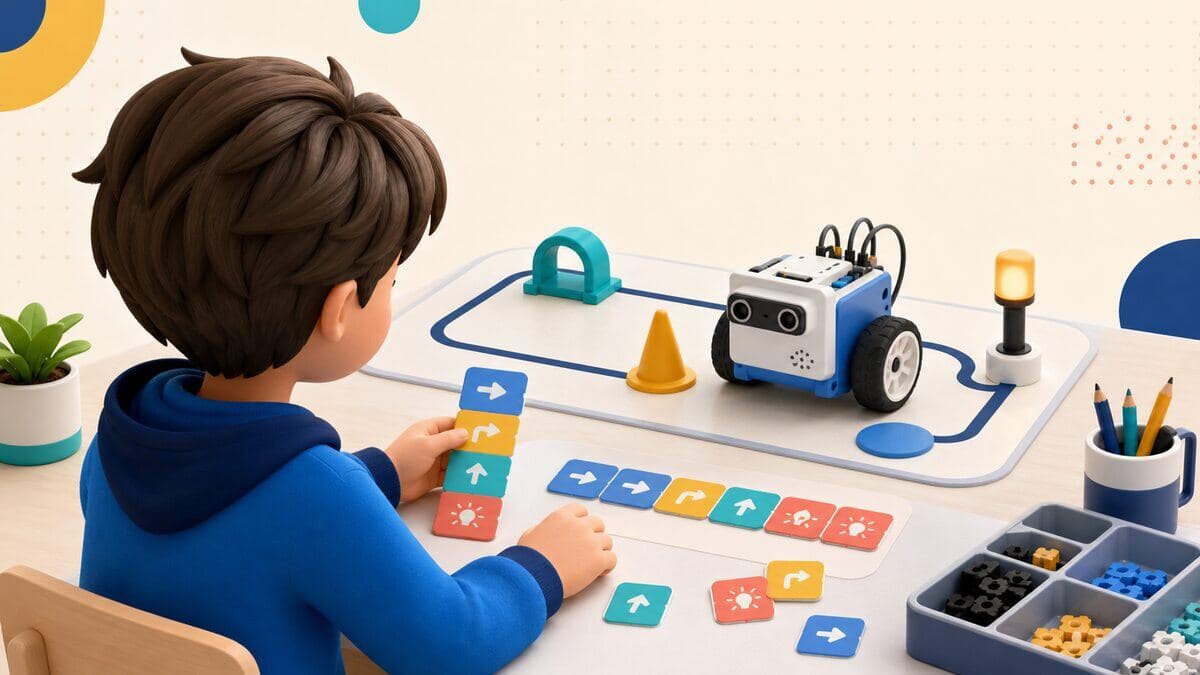 Bir eğitim robotunun hareketini blok tabanlı komutlarla planlayan çocuk